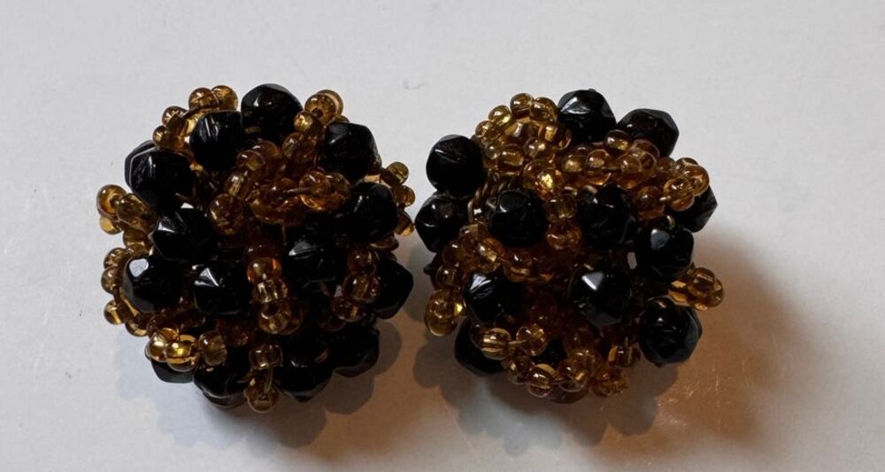 Vtg Stamped Alice Caviness Clip-On Earrings Beaded Cluster Black/Amber